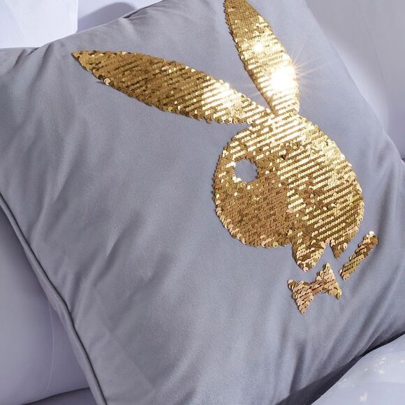 Playboy Live Your Dream Sequin Bunny Logo Throw Pillow Decorative Gray Gold New - Picture 1 of 8